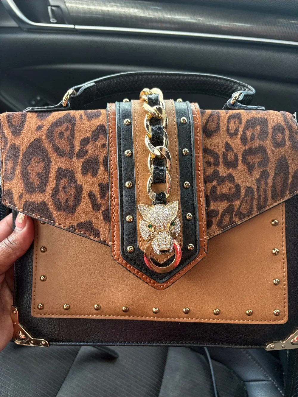 Aldo Leopard Print and Tan Top-Handle Satchel with Gold Accents